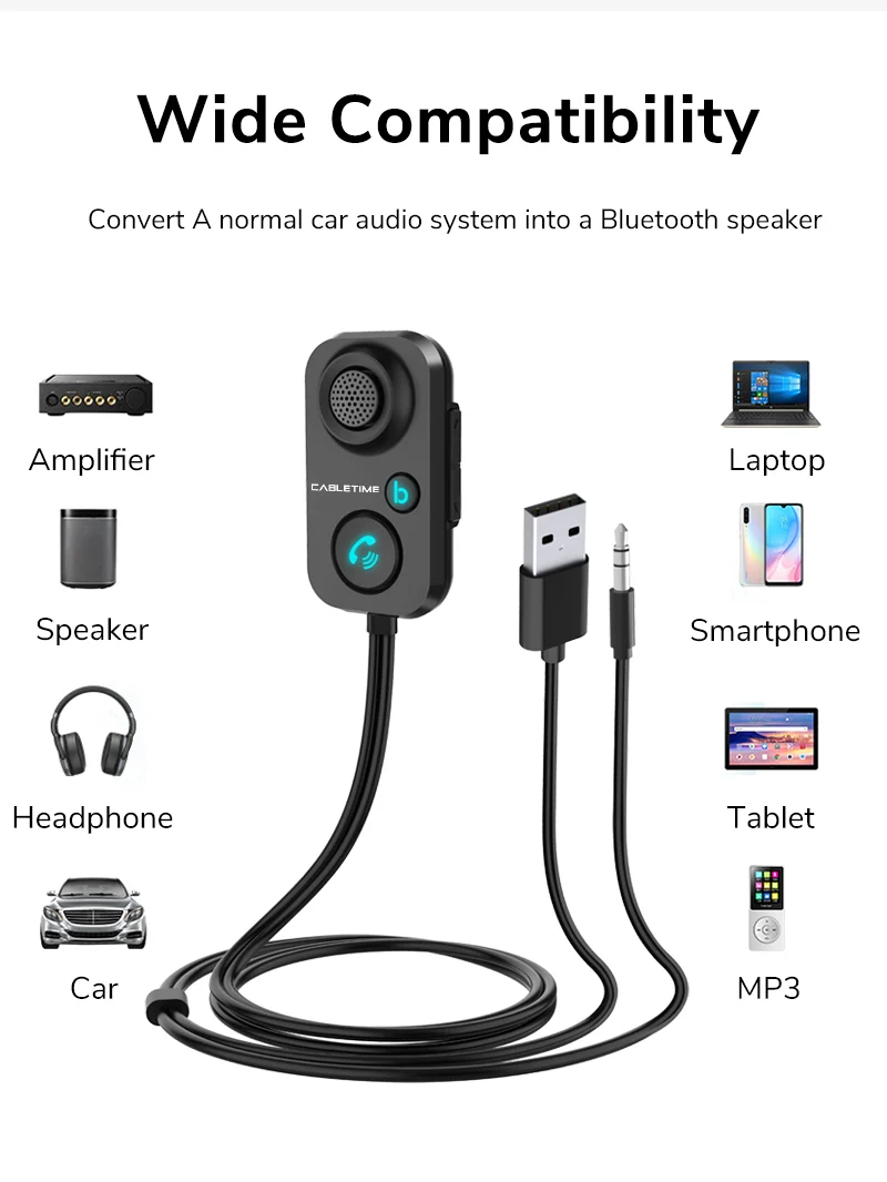 In Car 5.1 Bluetooth Audio Receiver Aux 3.5 Mm With Microphone