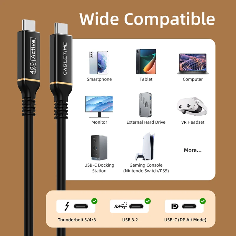 40Gbps Active USB4 Cable 100W 8K 60Hz 9.8 ft / 3m