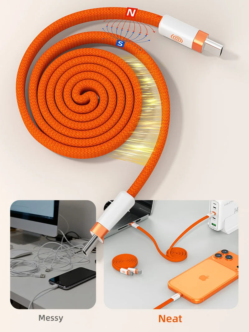 100W Magnetic USB-C Flat Cable 1m charging for iPhone 15/16/17 MacBook iPad Android Phone