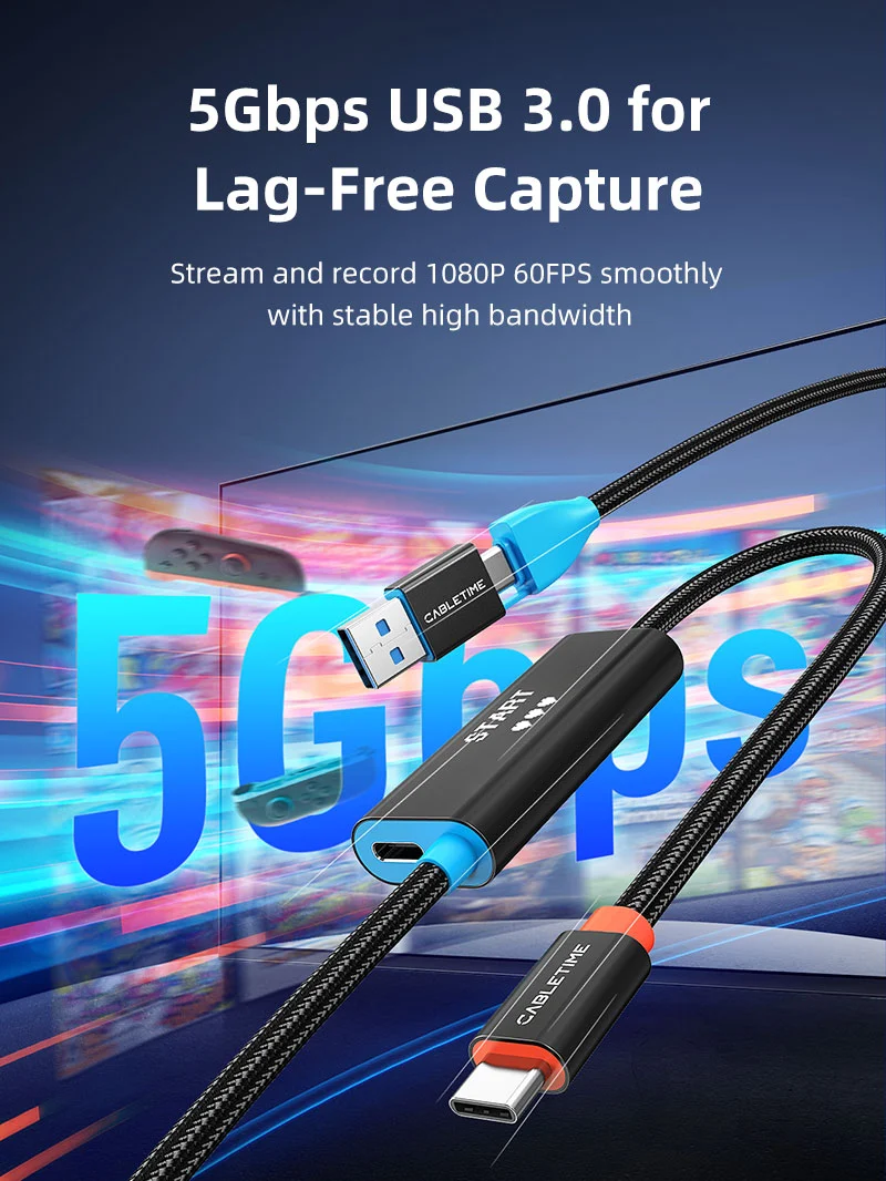 1080p USB C Video Capture Card with 100W Power Delivery for Nintendo Switch 2