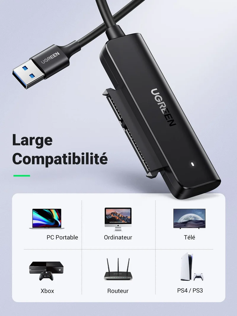 UGREEN Câble SATA USB 3.0 Adaptateur SATA USB pour Disques Durs 2,5 Pouces