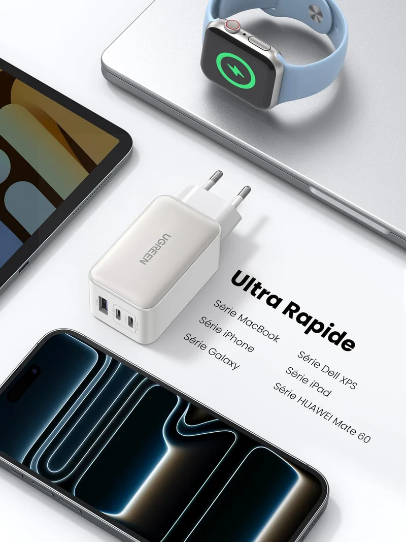 UGREEN Nexode 65W Chargeur USB C Rapide 3 Ports GaN Prise USB C (Blanc)