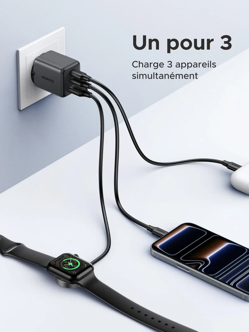 UGREEN Zapix 30W Chargeur USB C Rapide iPhone 3 Ports Prise Secteur (Noir)