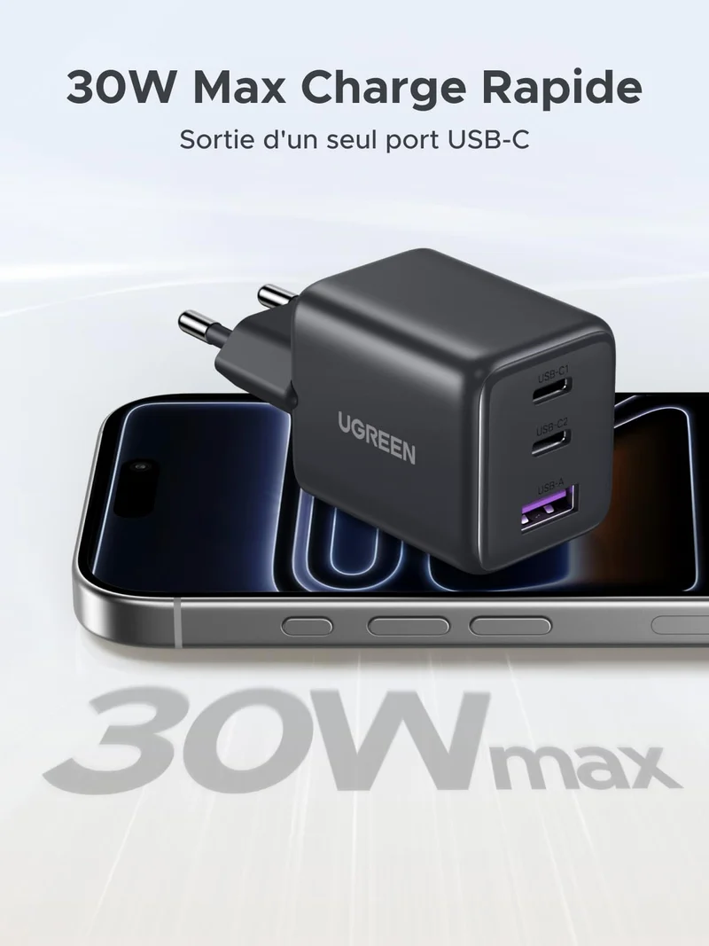 UGREEN Zapix 30W Chargeur USB C Rapide iPhone 3 Ports Prise Secteur (Noir)