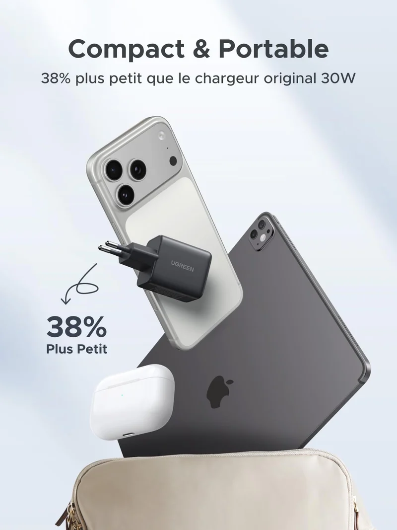 UGREEN Zapix 30W Chargeur USB C Rapide iPhone 3 Ports Prise Secteur (Noir)