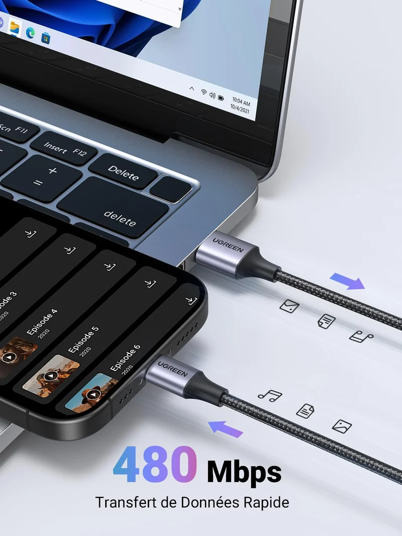 UGREEN Câble USB C Charge Rapide 3A QC3.0 480Mbps Nylon Tressé (0.5M,1Pack)