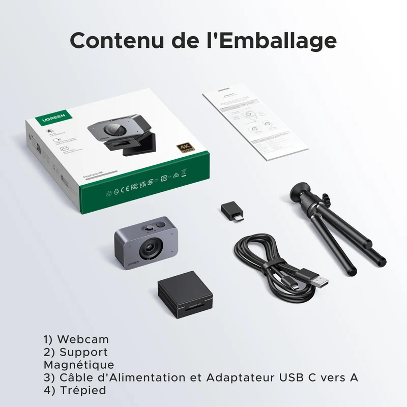 UGREEN FineCam 4K Webcam 30FPS Ultra HD Caméra USB A C PC Autofocus