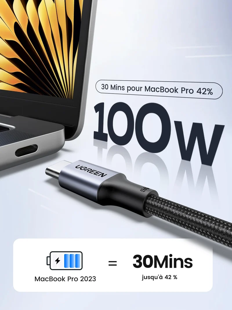 UGREEN Lot de 2 Câble USB C PD3.0 100W 5A 20V Charge Rapide (0,5M)