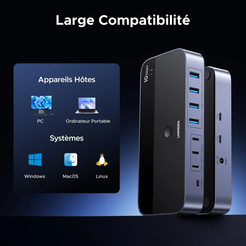 UGREEN 10Gbps Switch USB C 3.2 Commutateur KVM 2 PC Entrées 7 Sorties