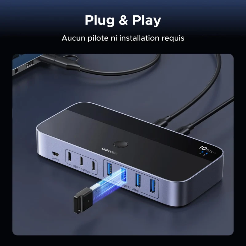 UGREEN 10Gbps Switch USB C 3.2 Commutateur KVM 2 PC Entrées 7 Sorties