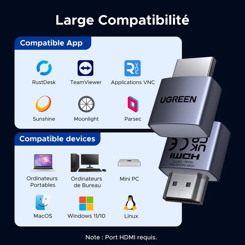 UGREEN Lot de 4 HDMI Dummy Plug 4K 60Hz EDID Émulateur d'Affichage HDCP