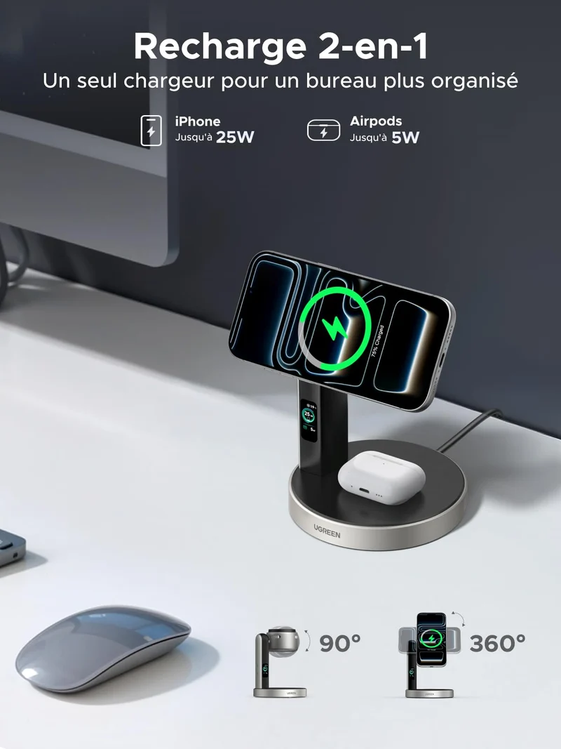 UGREEN MagFlow Pro Station de Recharge Magnétique Sans Fil (2-en-1, Qi2 25 W, Système de Refroidissement Intelligent)