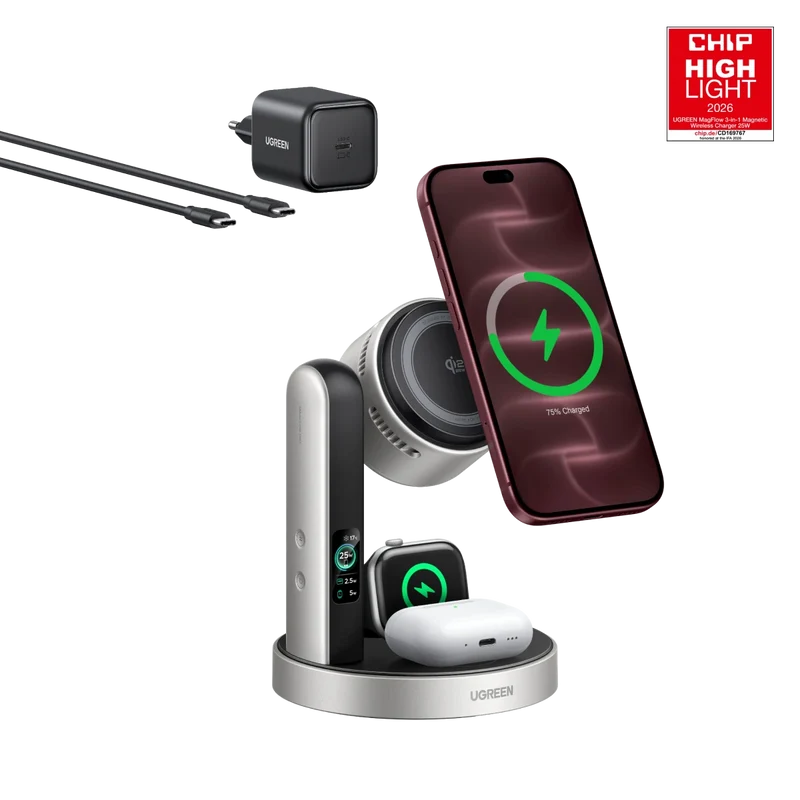 UGREEN MagFlow Pro Station de Recharge Magnétique Sans Fil (3-en-1, Qi2 25 W)