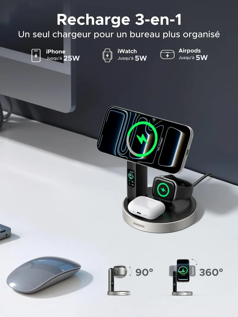 UGREEN MagFlow Pro Station de Recharge Magnétique Sans Fil (3-en-1, Qi2 25 W)