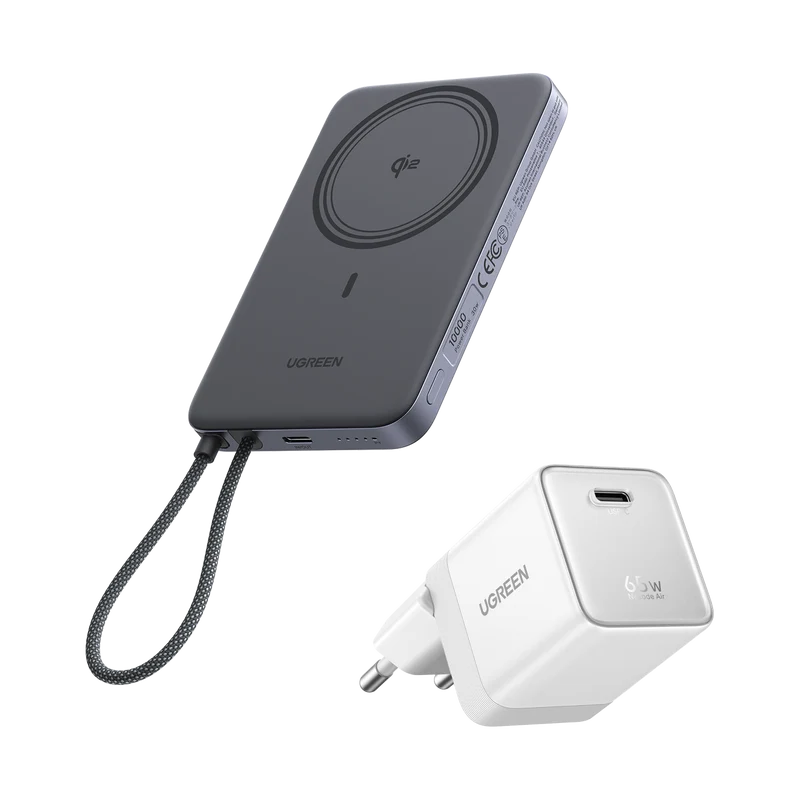 UGREEN MagFlow Air Batterie Externe & Chargeur Nexode Air en Pack (5 000 mAh / 10 000 mAh, Qi2 15 W, GaN 65 W)