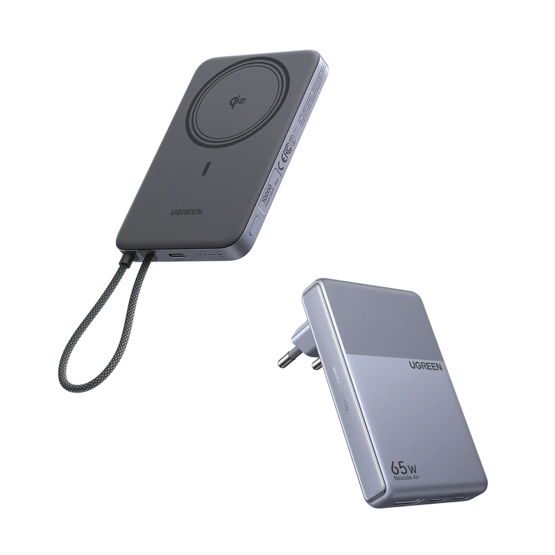 UGREEN MagFlow Air Batterie Externe & Chargeur Nexode Air en Pack (5 000 mAh / 10 000 mAh, Qi2 15 W, GaN 65 W)