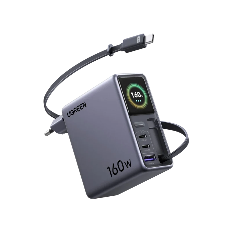 UGREEN Nexode Pro Chargeur avec Écran Intelligent (160 W, 4 Ports, GaN, Câble Rétractable, Contrôle via Application)