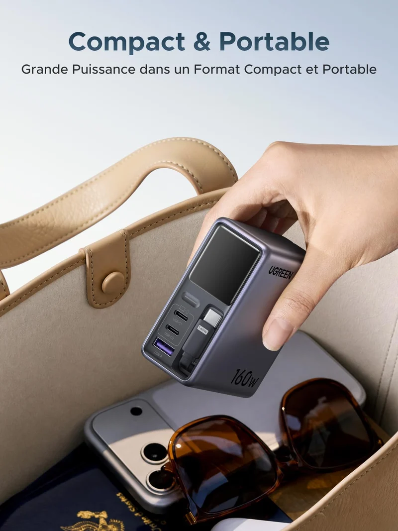 UGREEN Nexode Pro Chargeur avec Écran Intelligent (160 W, 4 Ports, GaN, Câble Rétractable, Contrôle via Application)