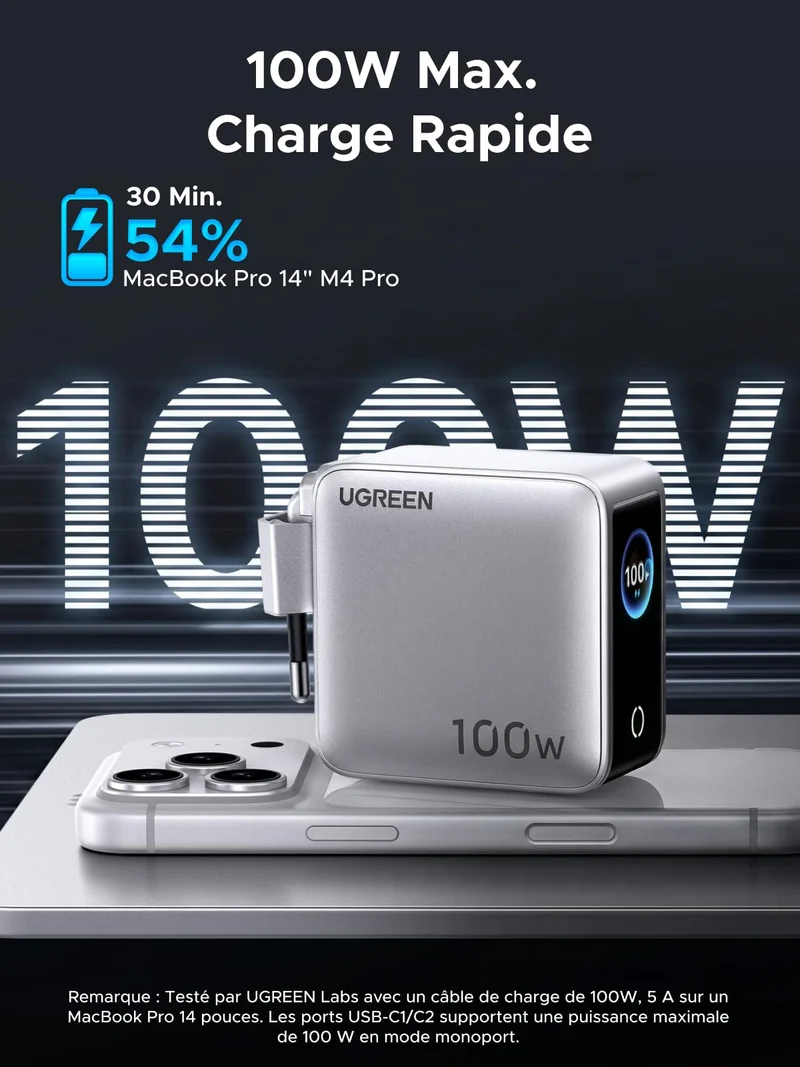 UGREEN Nexode Pro Chargeur avec Écran Intelligent (100 W, 4 Ports, GaN)