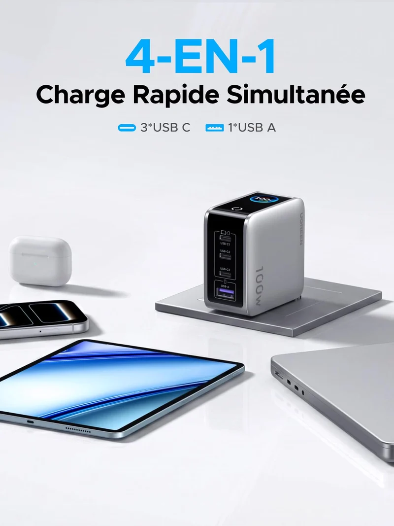 UGREEN Nexode Pro Chargeur avec Écran Intelligent (100 W, 4 Ports, GaN)