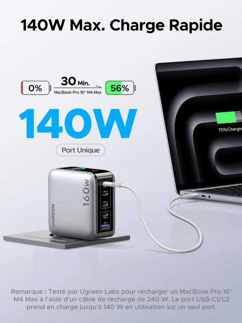 UGREEN Nexode Pro Chargeur avec Écran Intelligent (160 W, 5 Ports, GaN)