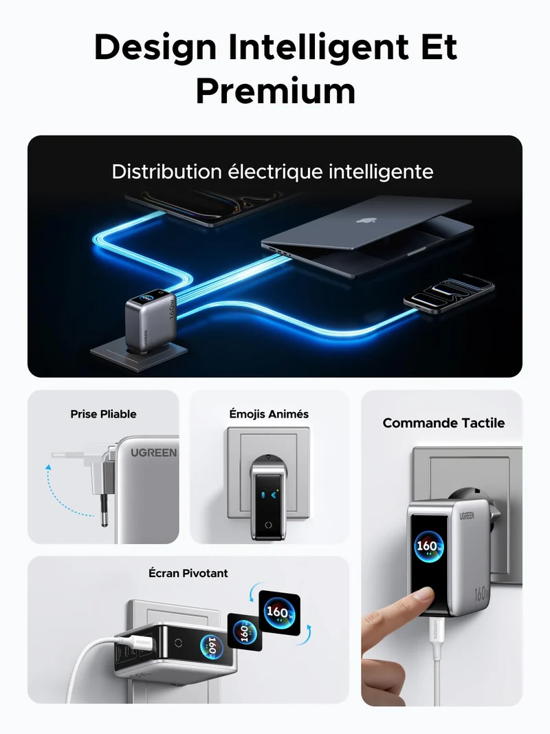 UGREEN Nexode Pro Chargeur avec Écran Intelligent (160 W, 5 Ports, GaN)