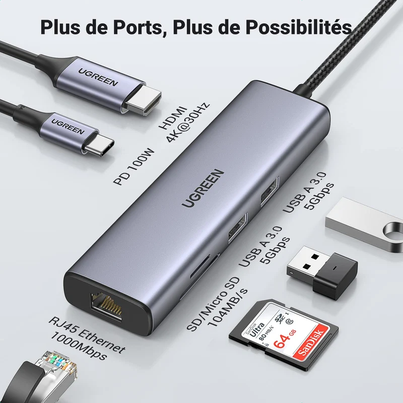 UGREEN Hub USB-C 7-en-1 ( HDMI 4K, PD 100W )