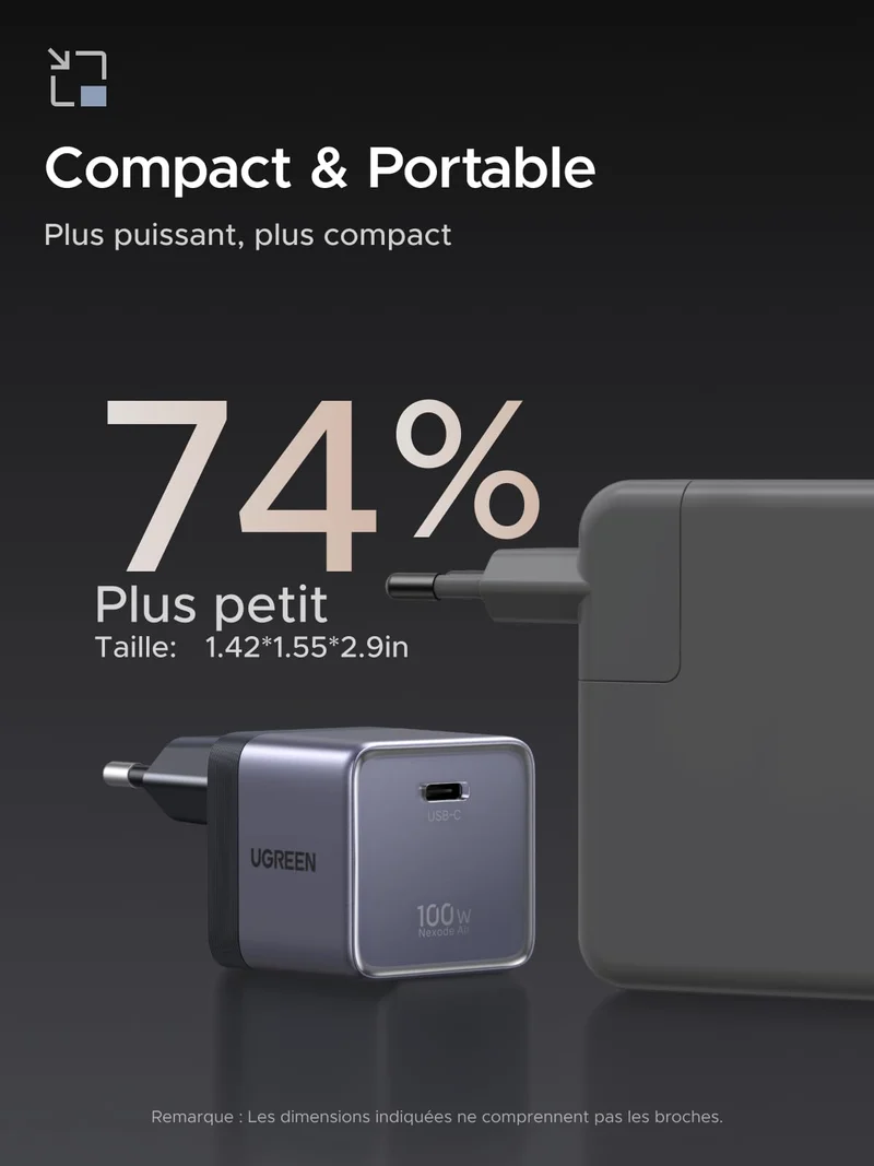 UGREEN Nexode Air 100W Chargeur USB C Rapide GaN Il Tech avec Câble