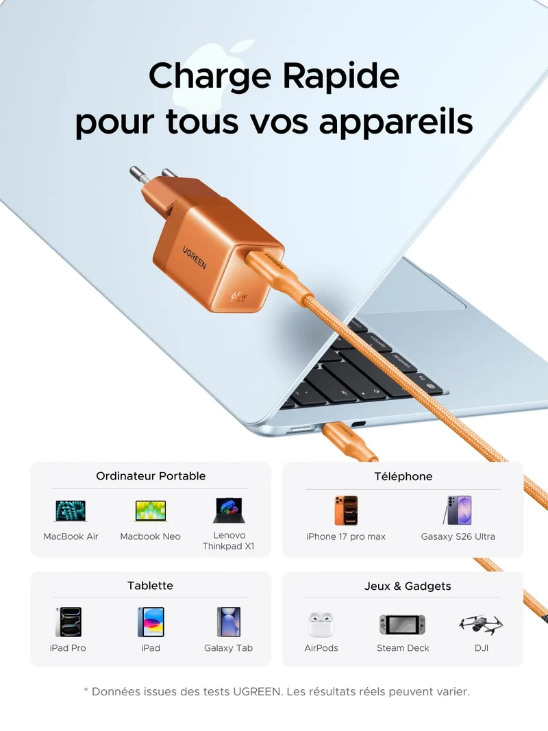 UGREEN Nexode Air 65W Chargeur USB C Rapide GaNInfinity avec Câble (Orange)