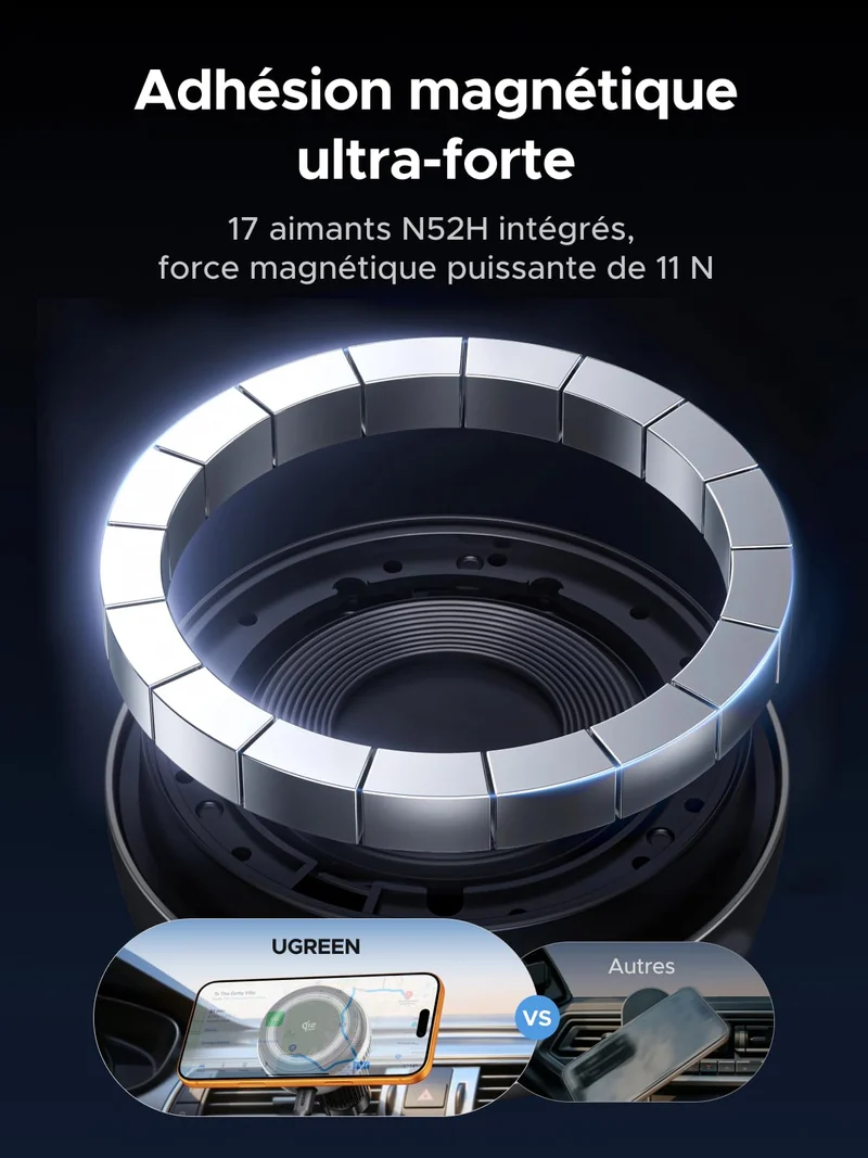 UGREEN MagFlow Pro Chargeur de Voiture Magnétique Sans Fil (Qi2.2 25 W, Système de Refroidissement Triple)