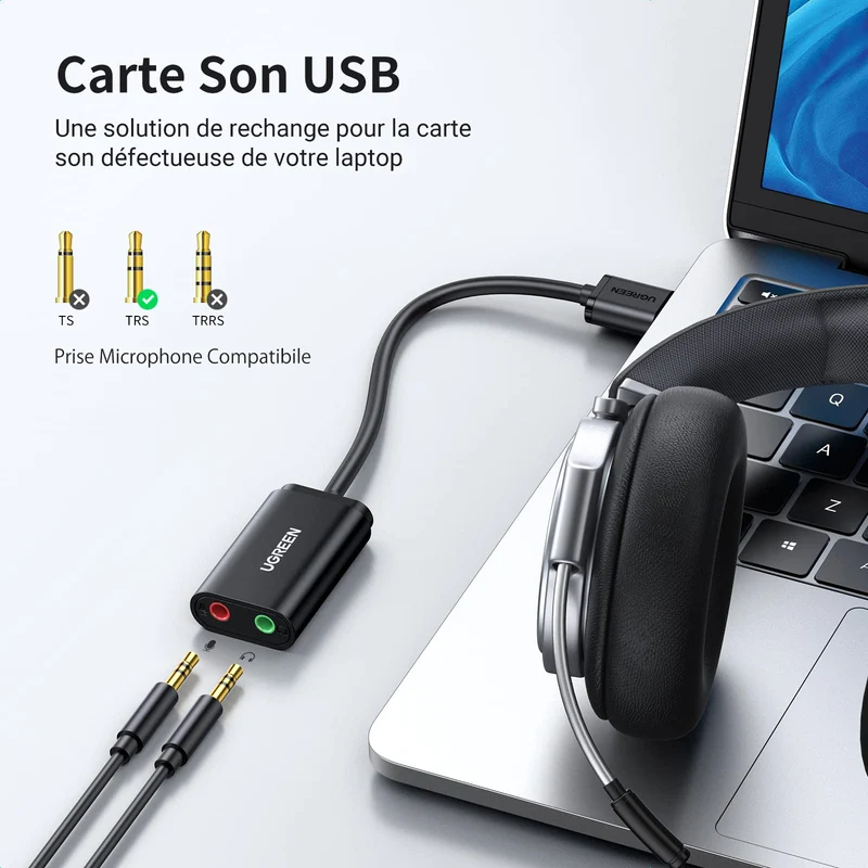 UGREEN Carte Son Externe Adaptateur USB Audio Jack 3,5mm Carte Son USB Plug Play