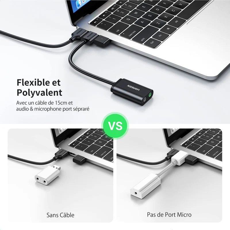 UGREEN Carte Son Externe Adaptateur USB Audio Jack 3,5mm Carte Son USB Plug Play