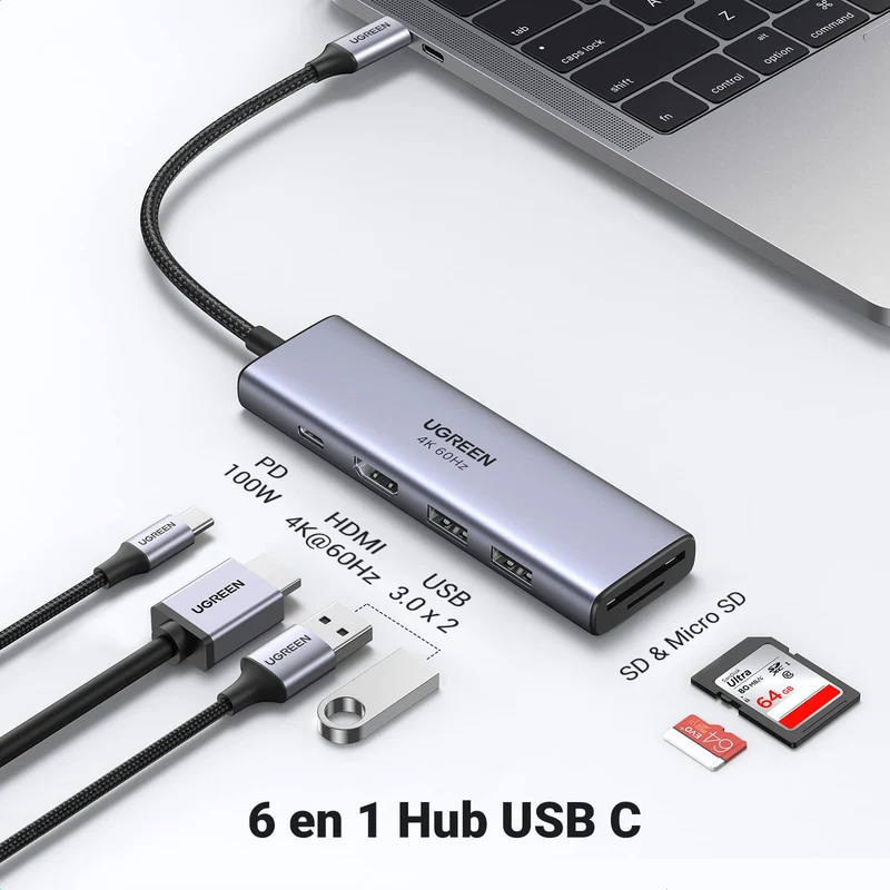 UGREEN Adaptateur Hub USB-C 6-en-1 (HDMI 4K@30Hz, PD 100W)