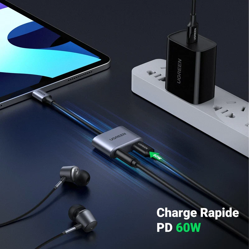 UGREEN 2 en 1 Adaptateur USB C vers Jack 3.5mm Supporte Audio et Charge Rapide 60W PD