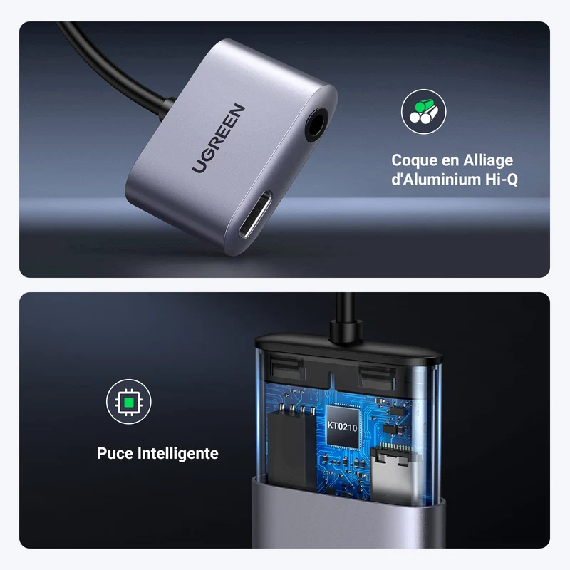 UGREEN 2 en 1 Adaptateur USB C vers Jack 3.5mm Supporte Audio et Charge Rapide 60W PD