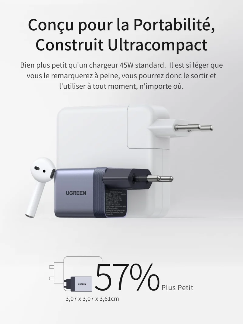 UGREEN Nexode Air Chargeur USB-C (45W, GaN, Prise Pliable)