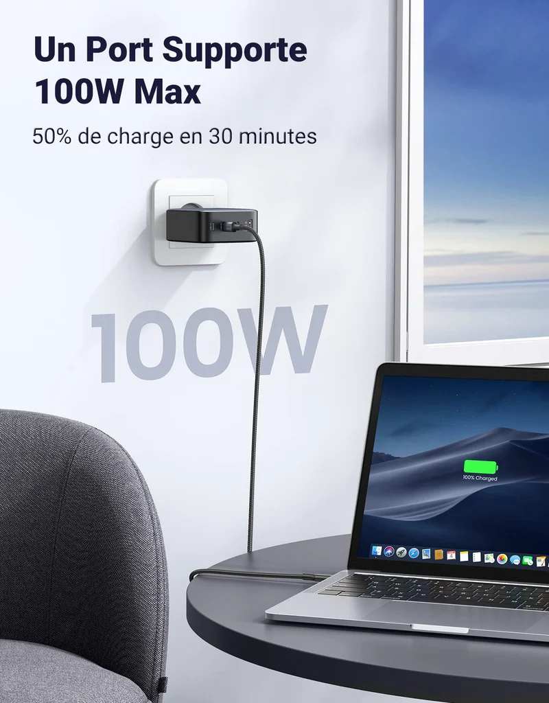 UGREEN Pack de Charge : Chargeur 100 W 4 ports + 2 câbles USB-C