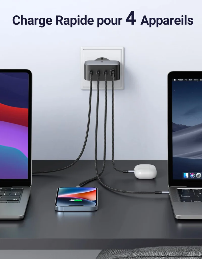 UGREEN Pack de Charge : Chargeur 100 W 4 ports + 2 câbles USB-C