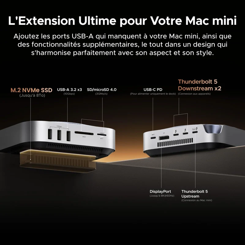 UGREEN Maxidok Station d’accueil Thunderbolt™ 5 10-en-1 pour Mac mini avec slot SSD M.2 NVMe, double affichage 6K pour Mac mini M4/M4 Pro