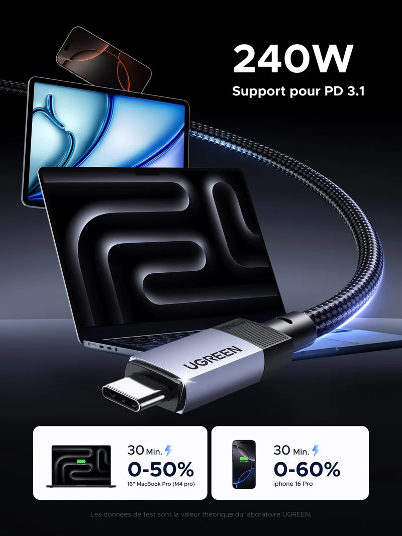 UGREEN 240W 1M Câble USB C PD 3.1 Charge Rapide USB 3.2 Gen2 Vidéo 4K 60Hz Data Sync à 10Gbps Compatible avec MacBook Pro Air M4 Ordinateur Portable iPhone 17 Pro Max Air Galaxy S25 Plus Ultra iPad