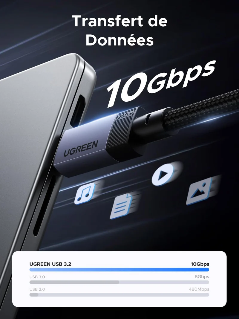 UGREEN 240W 1M Câble USB C PD 3.1 Charge Rapide USB 3.2 Gen2 Vidéo 4K 60Hz Data Sync à 10Gbps Compatible avec MacBook Pro Air M4 Ordinateur Portable iPhone 17 Pro Max Air Galaxy S25 Plus Ultra iPad