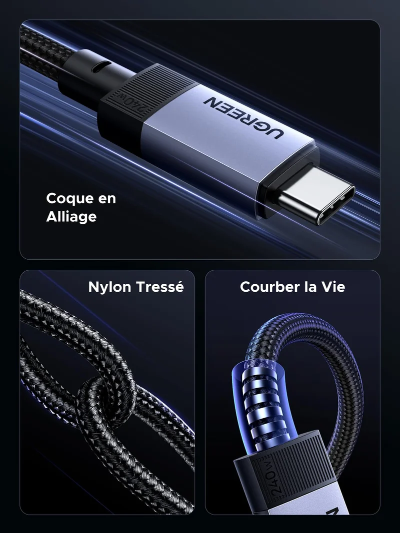 UGREEN 240W 1M Câble USB C PD 3.1 Charge Rapide USB 3.2 Gen2 Vidéo 4K 60Hz Data Sync à 10Gbps Compatible avec MacBook Pro Air M4 Ordinateur Portable iPhone 17 Pro Max Air Galaxy S25 Plus Ultra iPad