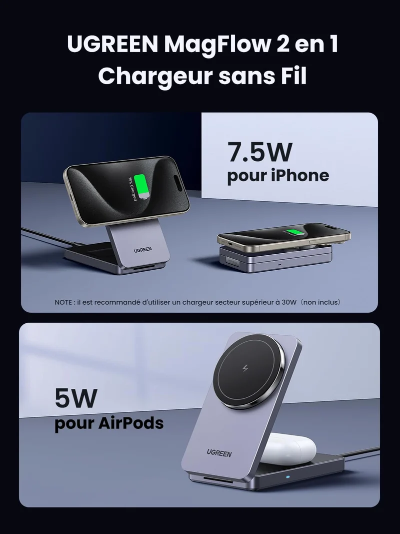 UGREEN MagFlow 2 en 1 Chargeur Induction iPhone Qi Pliable Compatible avec MagSafe