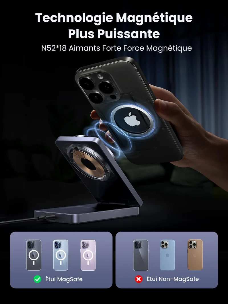 UGREEN MagFlow 2 en 1 Chargeur Induction iPhone Qi Pliable Compatible avec MagSafe
