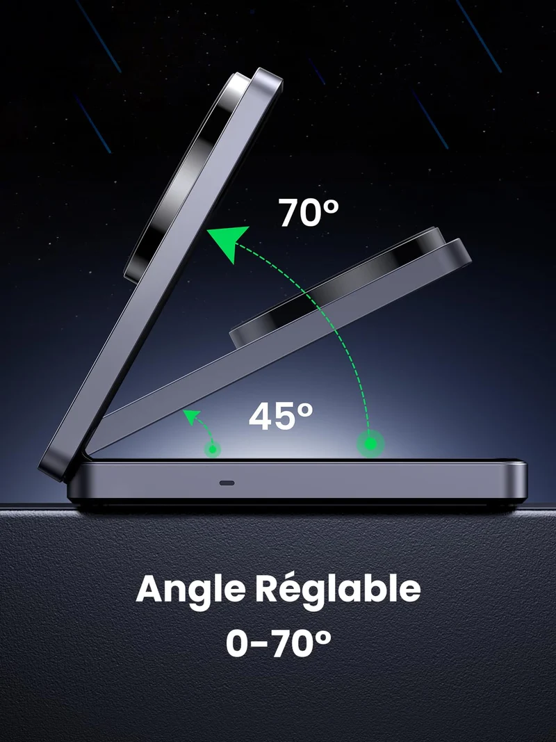 UGREEN MagFlow 2 en 1 Chargeur Induction iPhone Qi Pliable Compatible avec MagSafe
