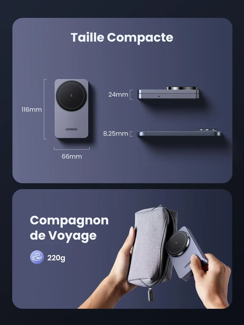 UGREEN MagFlow 2 en 1 Chargeur Induction iPhone Qi Pliable Compatible avec MagSafe