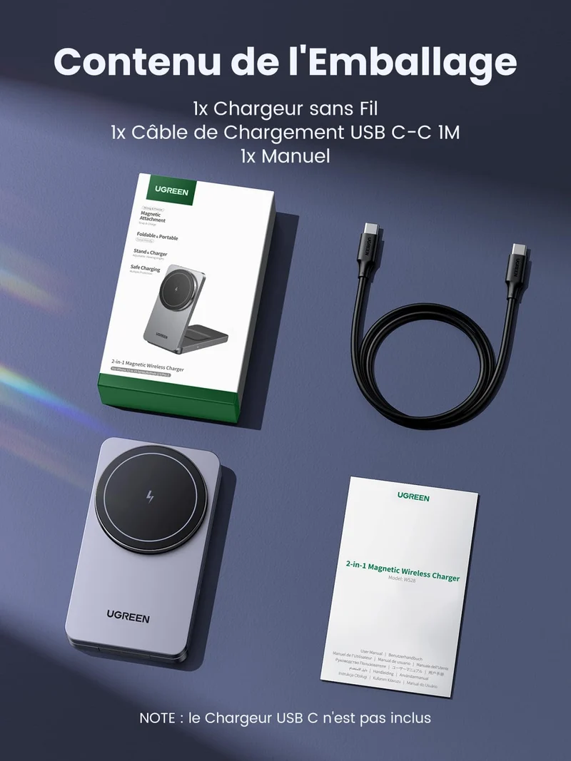 UGREEN MagFlow 2 en 1 Chargeur Induction iPhone Qi Pliable Compatible avec MagSafe