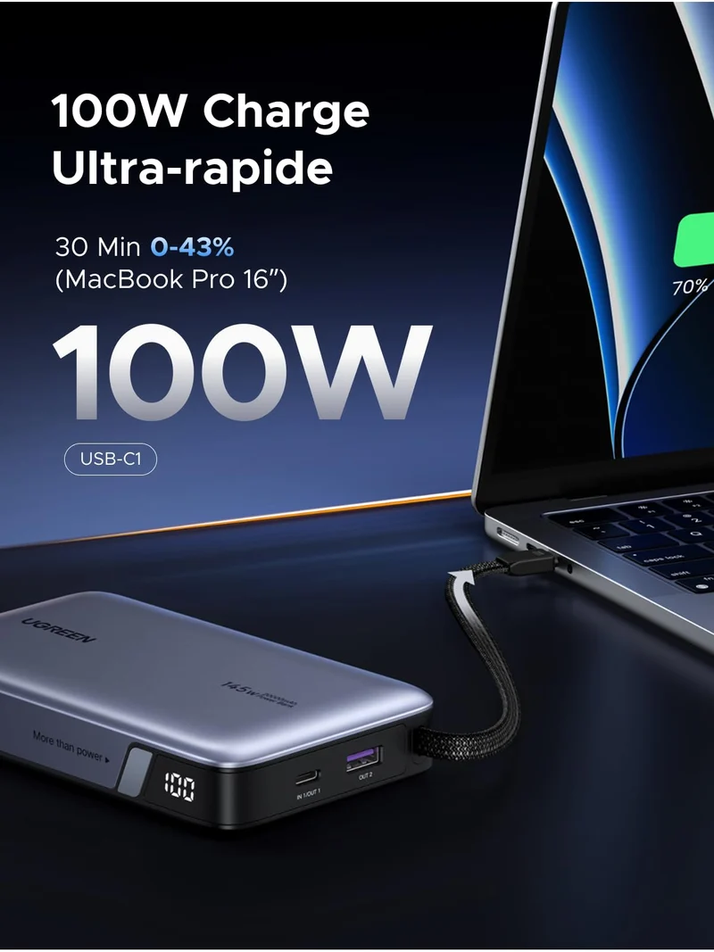 UGREEN Nexode Batterie Externe (20 000 mAh, 145 W, 3-en-1, Câble Intégré, Écran LED)