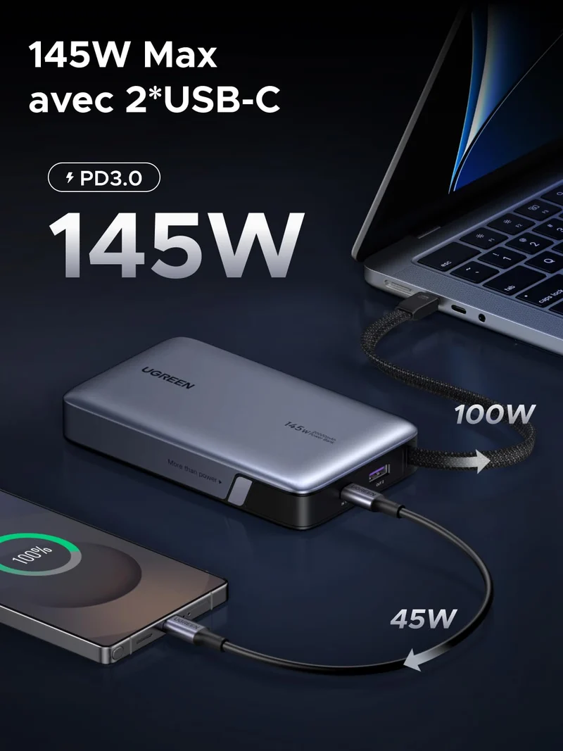 UGREEN Nexode Batterie Externe (20 000 mAh, 145 W, 3-en-1, Câble Intégré, Écran LED)