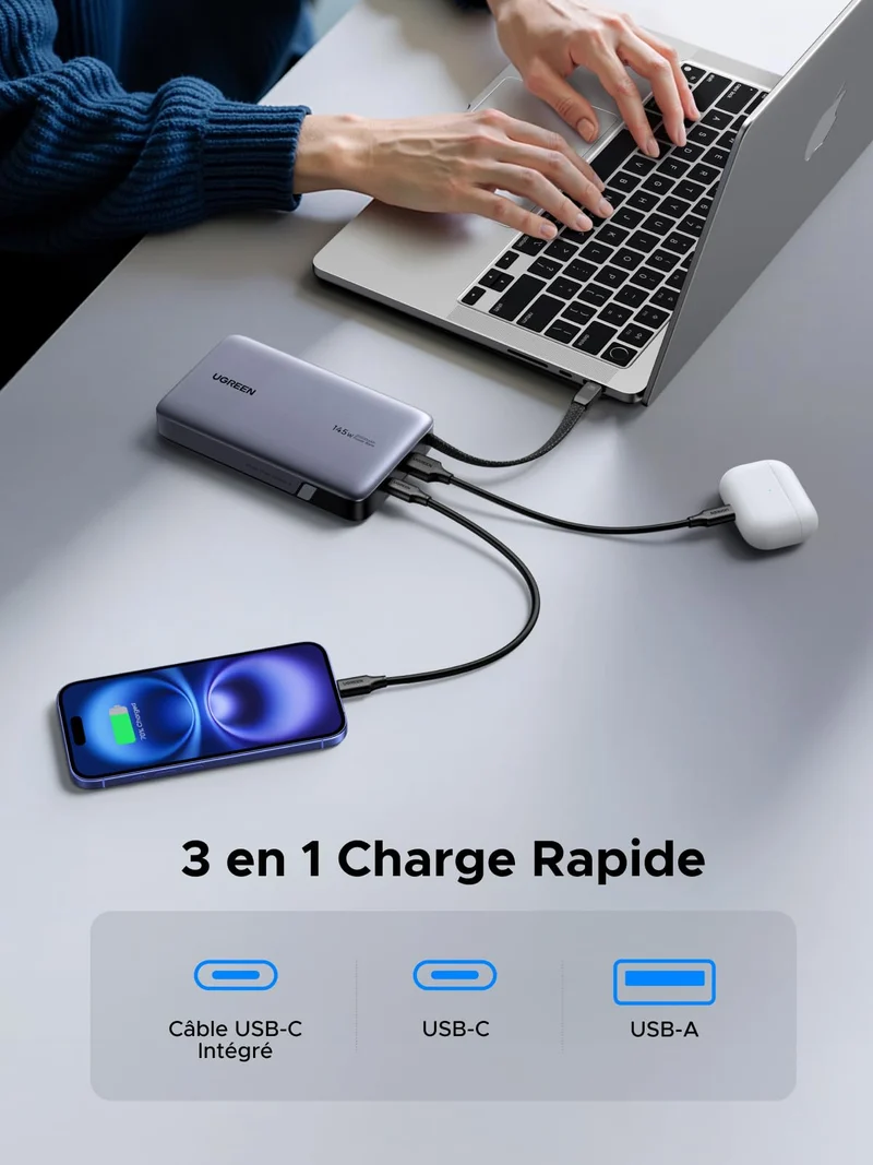 UGREEN Nexode Batterie Externe (20 000 mAh, 145 W, 3-en-1, Câble Intégré, Écran LED)